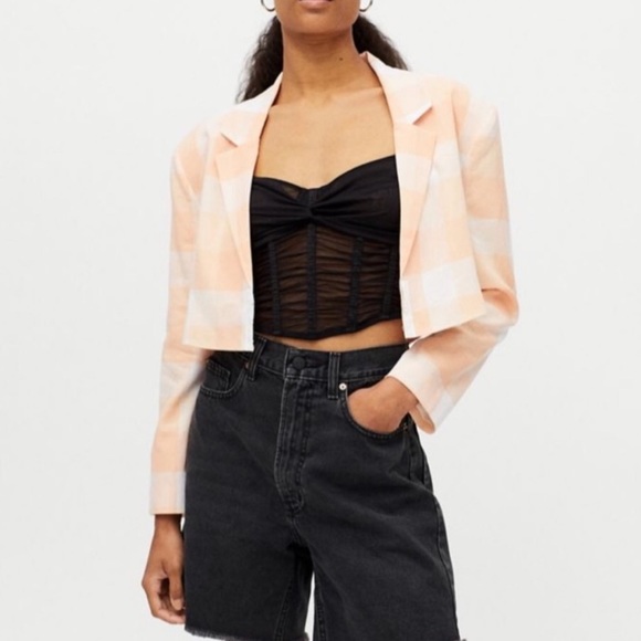 NWT For Love & Lemons Eugenie Cropped Plaid Blazer Jacket Peach Apricot Pastel M - Picture 2 of 10
